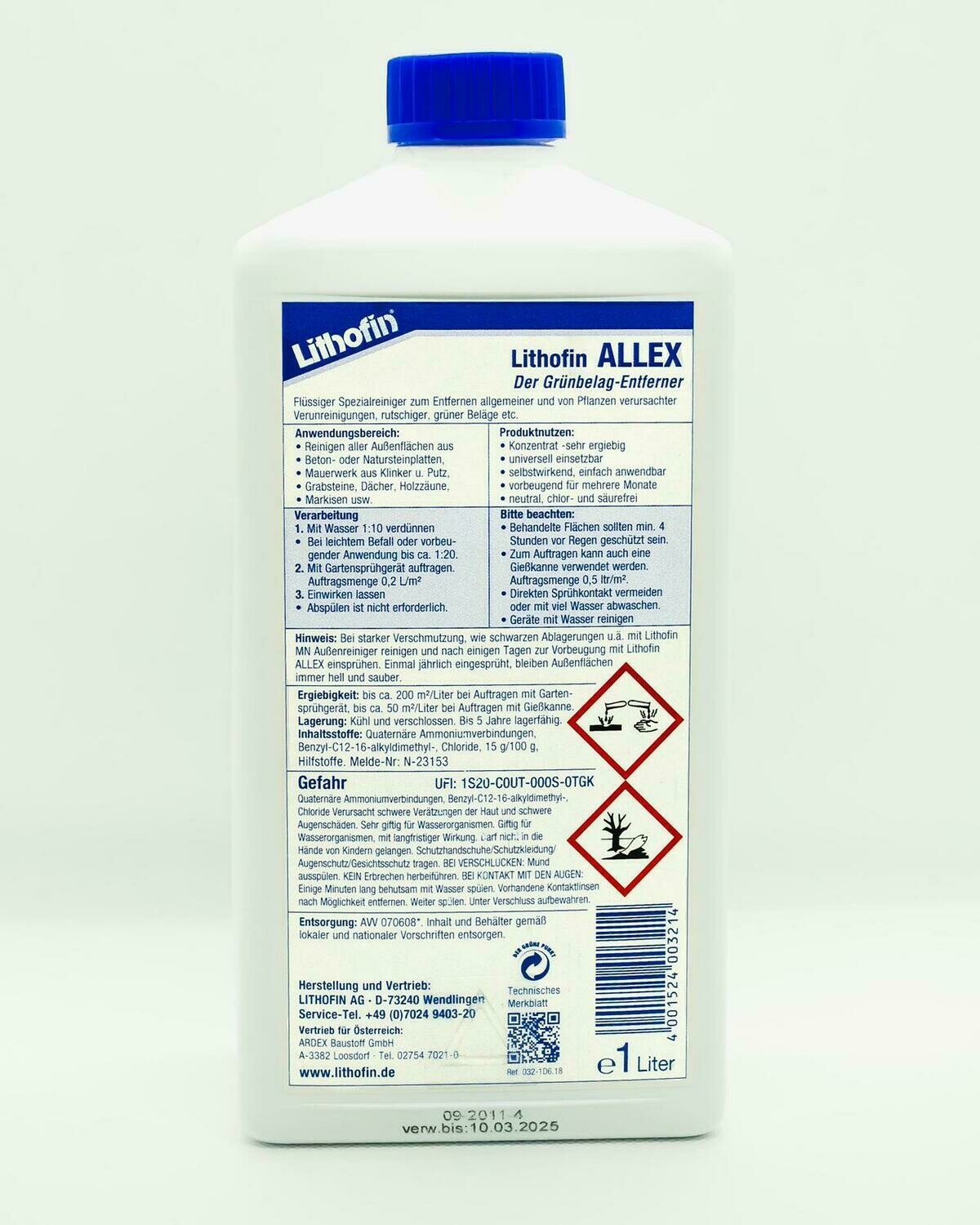 Lithofin Allex Grünbelagentferner, Rückseite mit Anwendungshinweisen