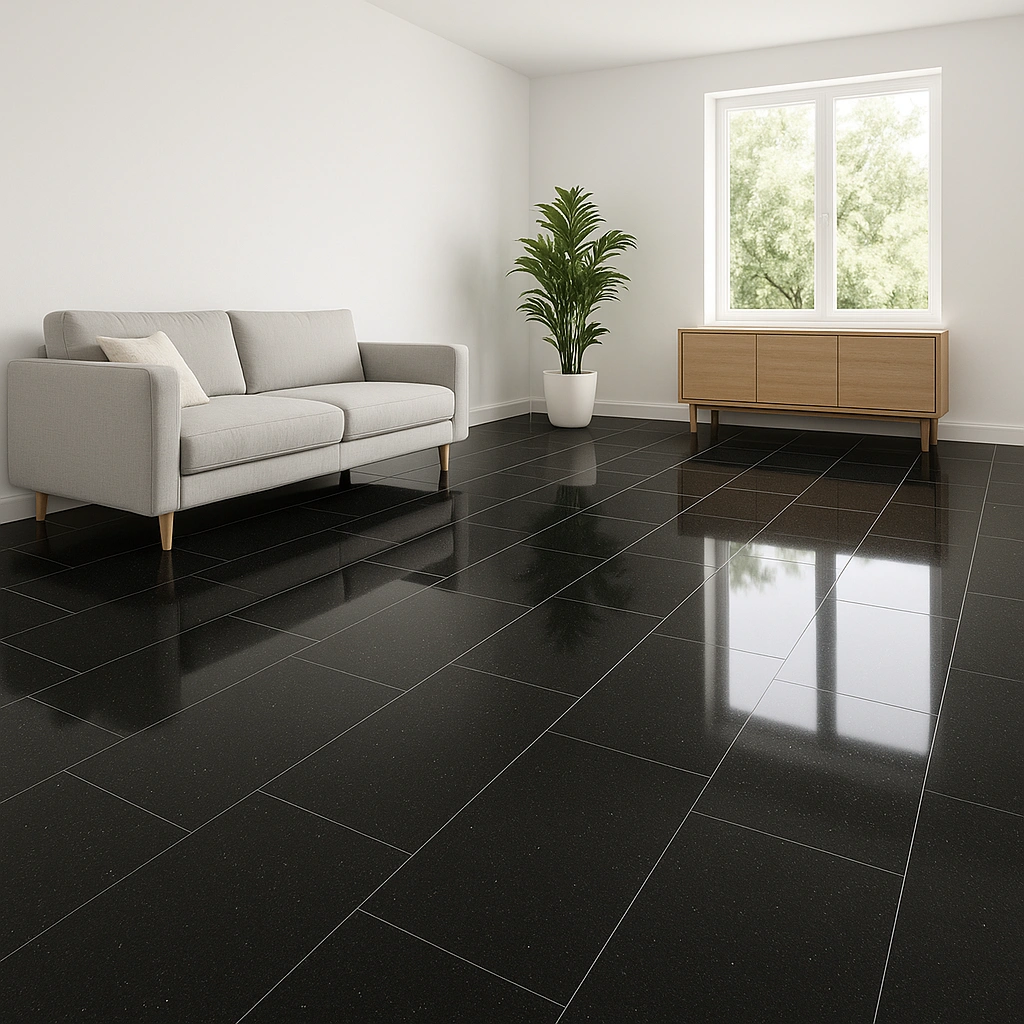 Wohnzimmer mit Boden aus New Indian Black Granitfliesen