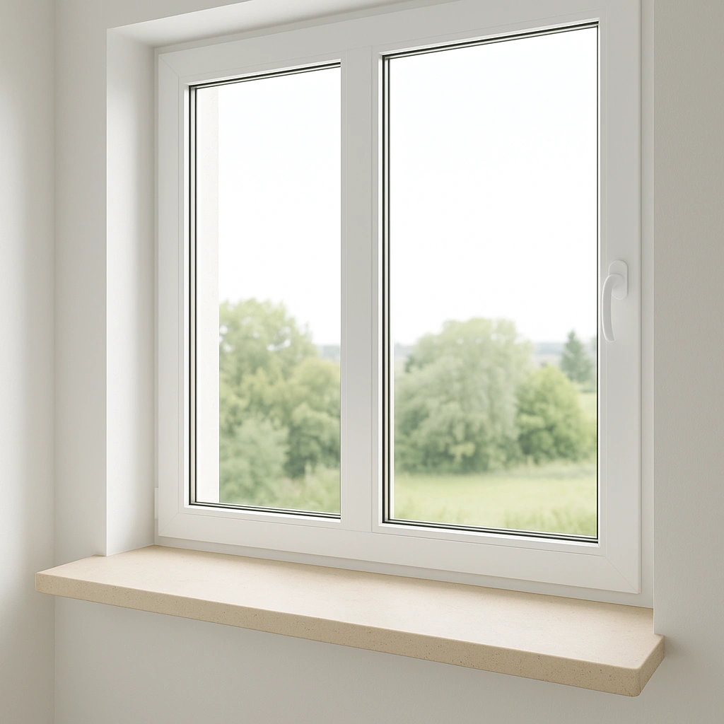 Innenfensterbank aus Mocca Creme Kalkstein am Fenster