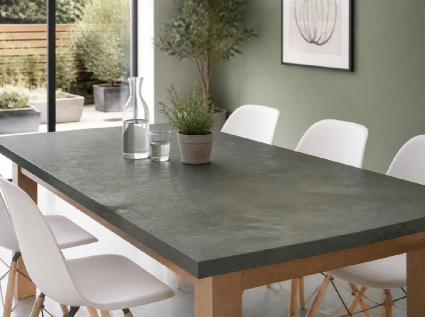 Esstisch mit Tischplatte aus grüngrauem Jade Schiefer im Esszimmer