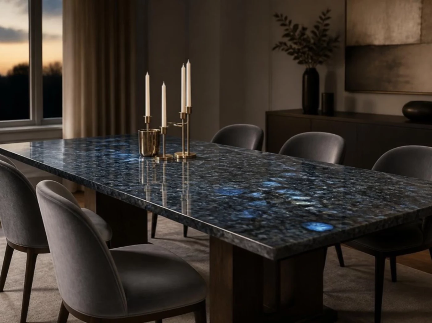 Esstisch mit Tischplatte aus Labrador Blue Pearl Granit im Esszimmer