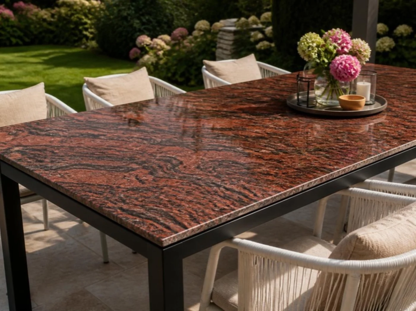 Gartentisch mit Tischplatte aus rotem Multicolor Granit auf der Terrasse
