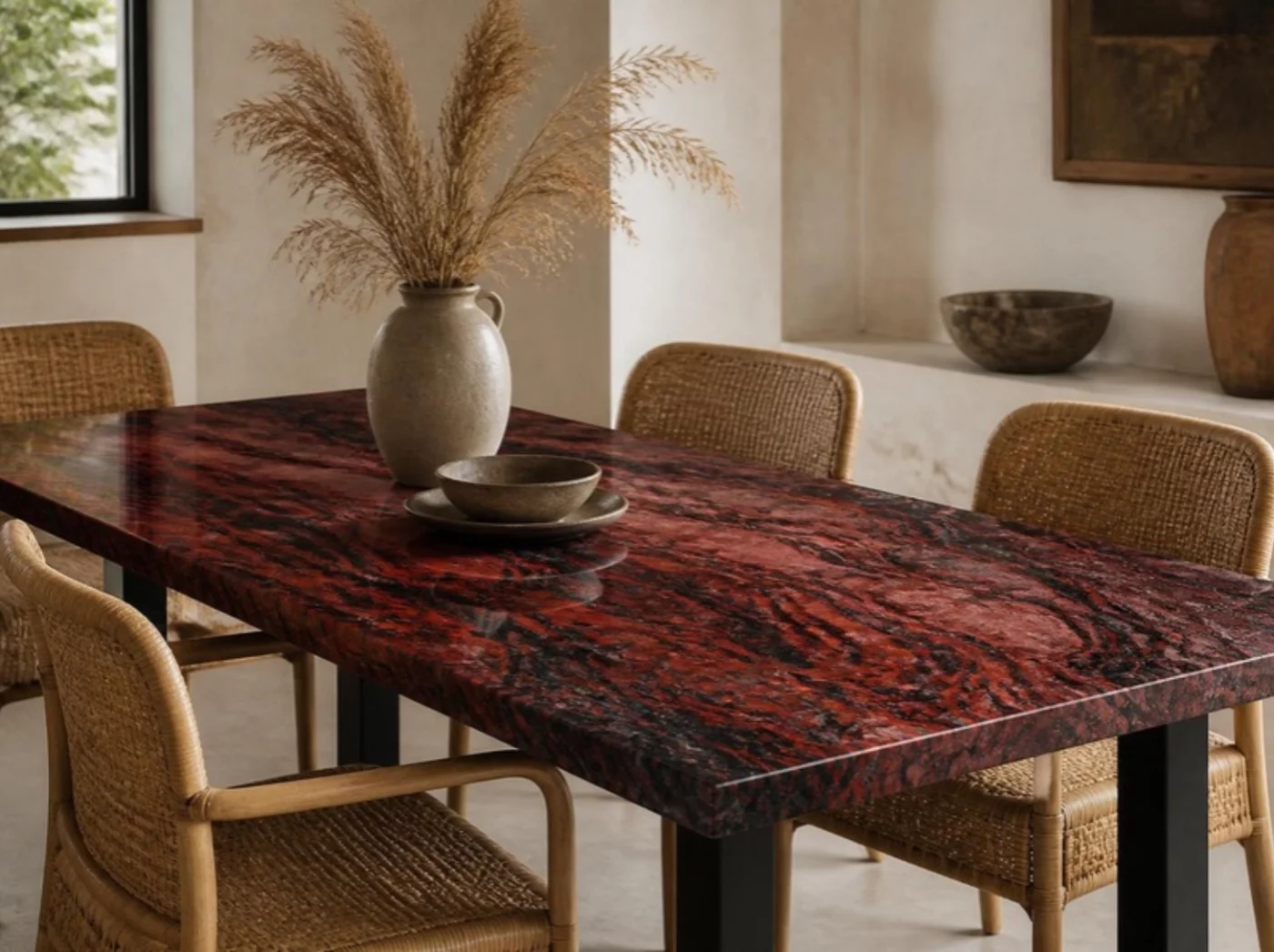 Esstisch mit Tischplatte aus rotem Multicolor Granit im Esszimmer