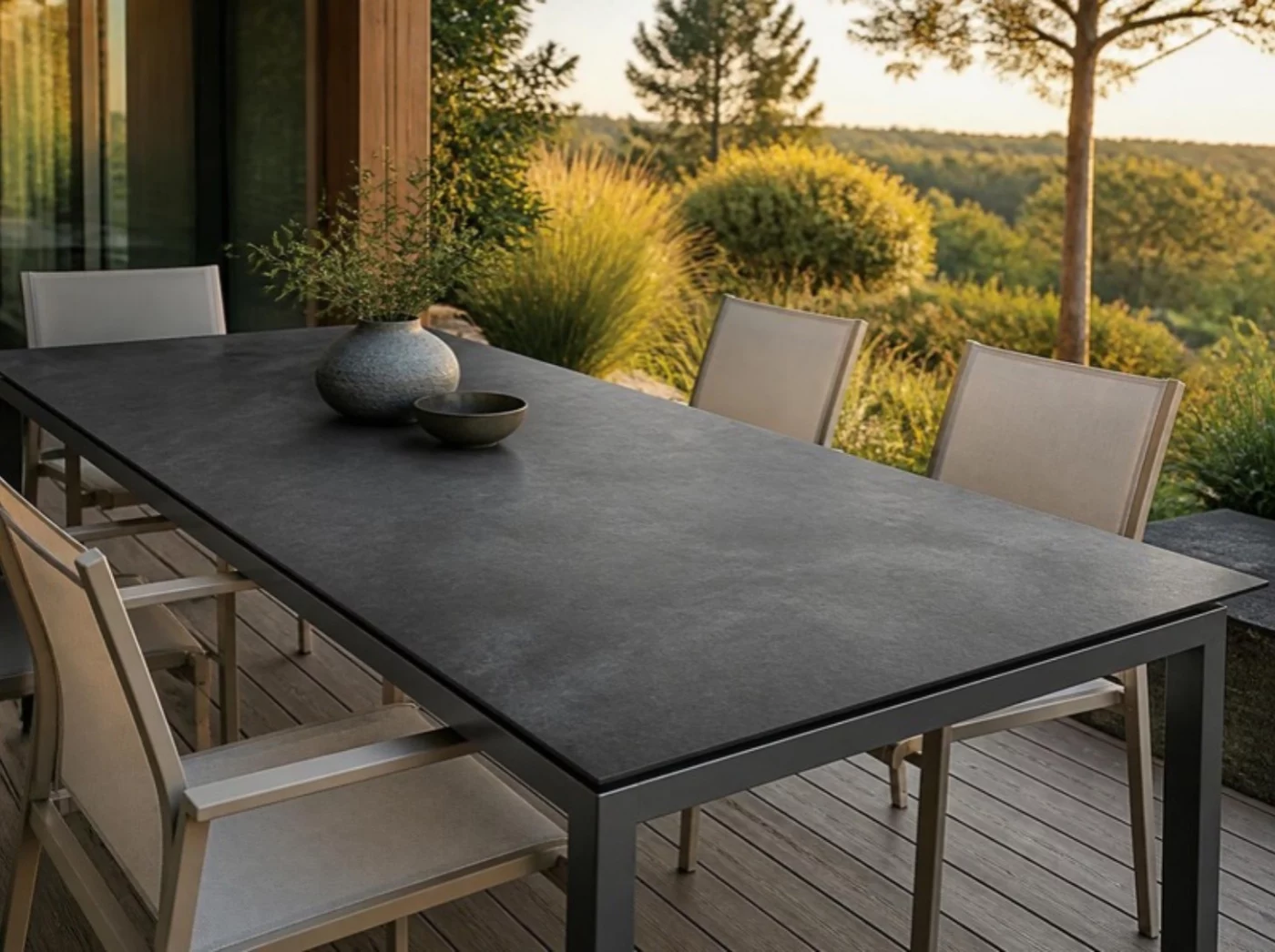 Gartentisch mit Tischplatte aus Neolith Layla Slate Keramik auf der Terrasse