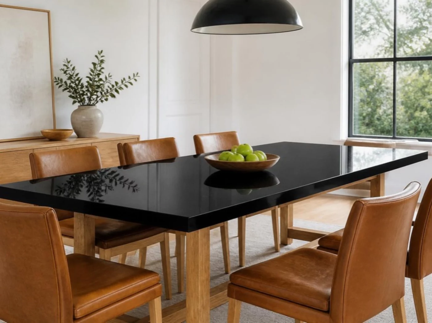 Esstisch mit Tischplatte aus schwarzem Nero Assoluto Granit im Esszimmer