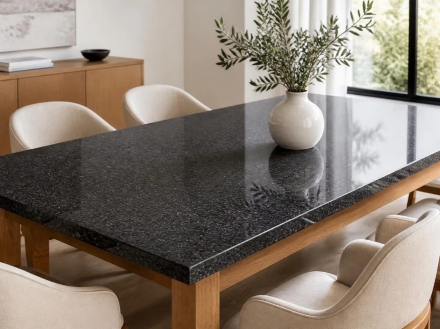Esstisch mit Tischplatte aus Nero Impala Granit im Esszimmer