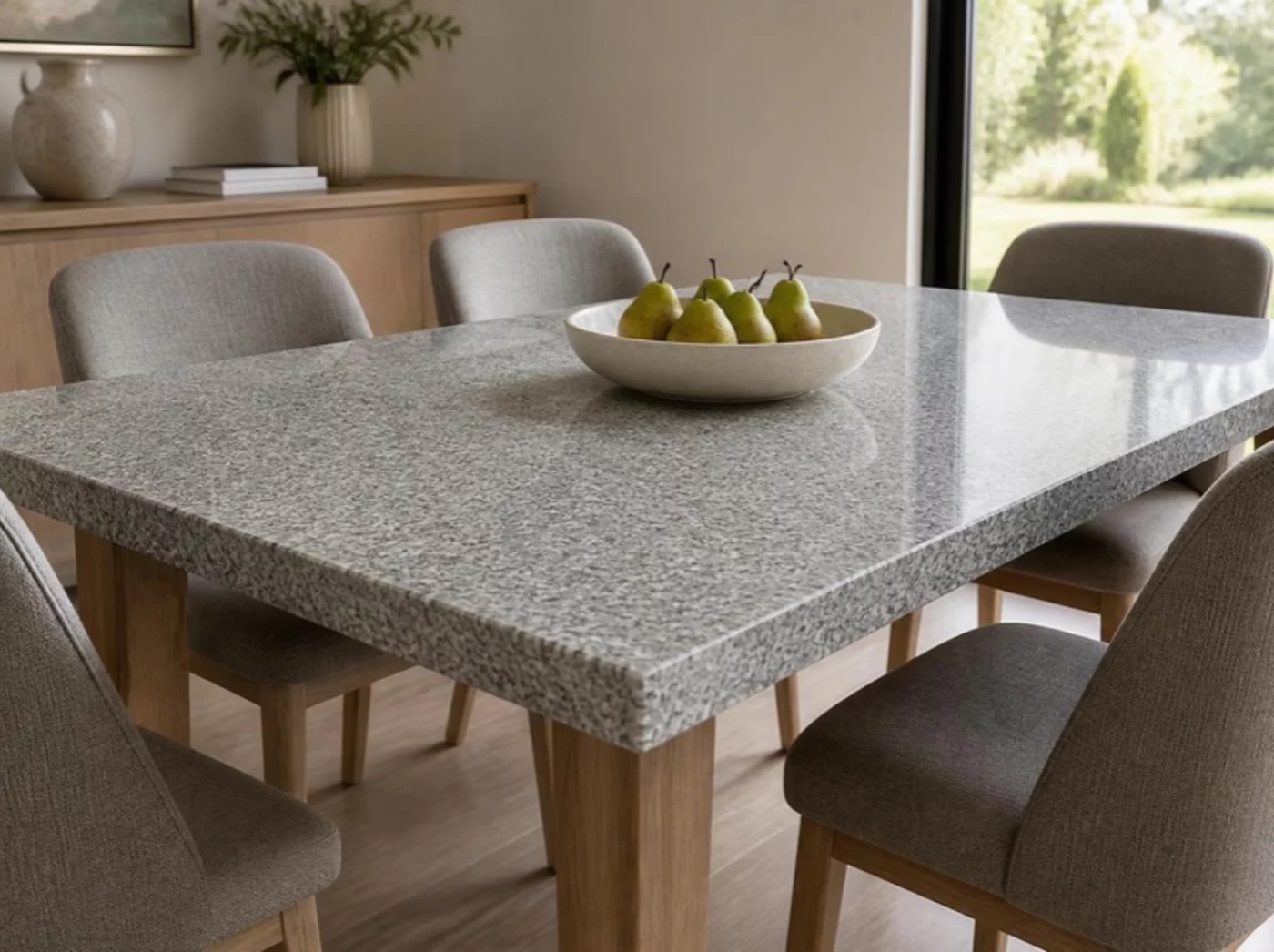 Esstisch mit Tischplatte aus Padang Hell Granit im Esszimmer
