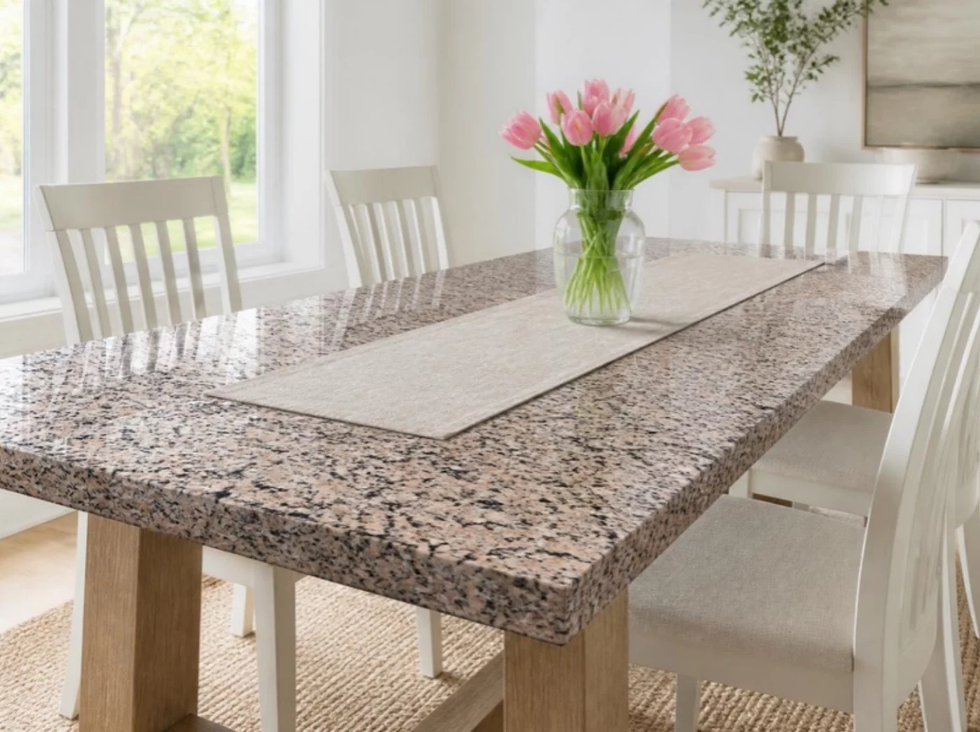 Esstisch mit Tischplatte aus Rosa Beta Granit im Esszimmer