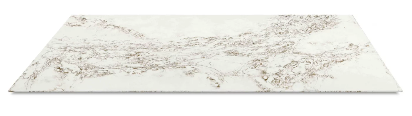 Compac Ice Max Gold, Platte Quarzkomposit, weiß mit goldenen und grauen Adern