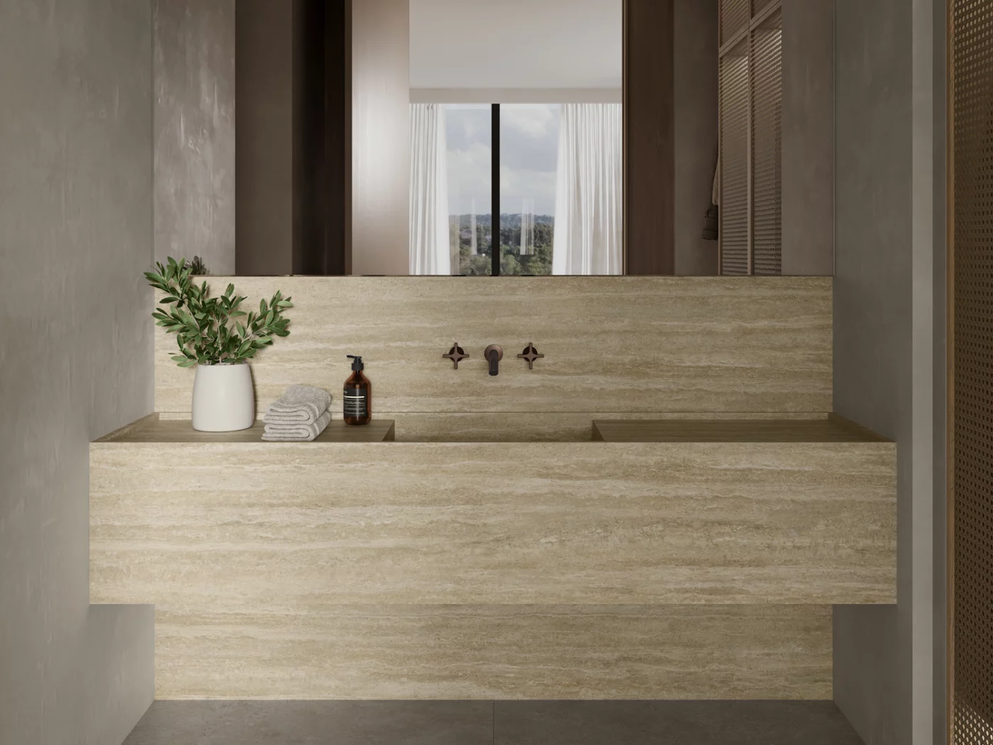 Neolith Colosseo, Anwendungsbeispiel mit Keramik helles, warmes Beige in Travertin-Optik