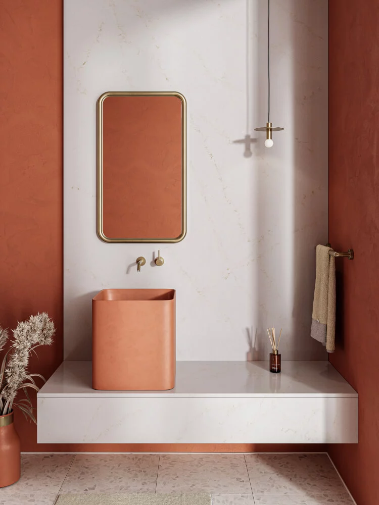 Anwendungsbeispiel mit Technistone Elysian Gold, Quarzkomposit hellgrau